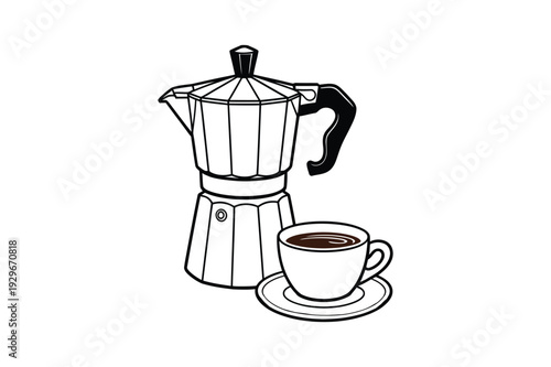 Illustration of stovetop espresso maker with a cup of coffee on a saucer brewer