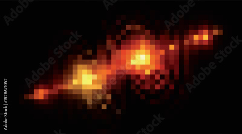 Abstract pixelated galaxy with vibrant orange and yellow glowing light in dark space for digital background