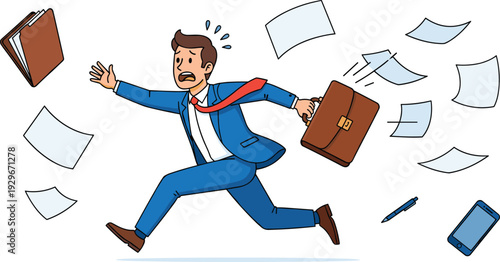 Stressed Businessman Running Late with Briefcase and Flying Documents Time Pressure Concept Vector Illustration
