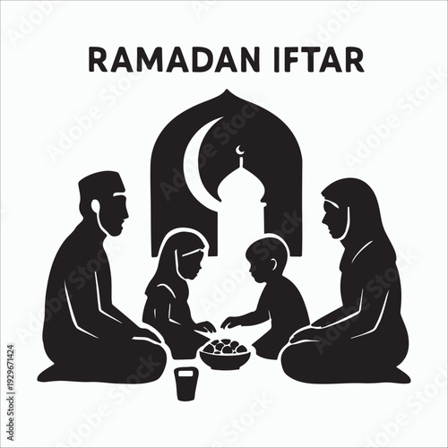 Muslim family breaking fast at Ramadan iftar with dates and lantern under crescent moon silhouette vector