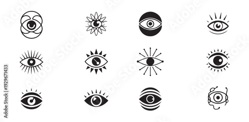 Mystical and abstract eye icons with celestial, geometric, and artistic stylized interpretations