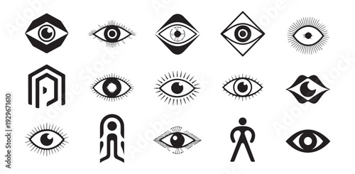 Ancient mystical eye symbols and tribal vision icons for spiritual graphic design elements
