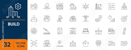 Build icon set. Containing construction, contractor, builder, renovation, foundation, engineering and more. Editable vector line icons collection.
