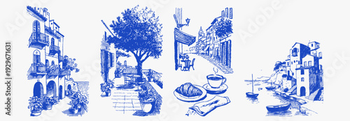 Cafe terrace street croissant coffee coastal town. Blue hand drawn travel and food set mixing brunch and seaside architecture. Cozy mediterranean scenes in vintage ink style.
