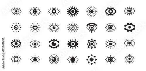 Large collection of decorative eye icons with diverse lashes and pupil styles for branding