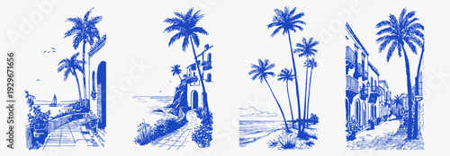 Palm trees seaside streets coastal mediterranean travel. Hand drawn blue ink set with beaches, houses and sea views. Summer vacation scenes in vintage sketch style.