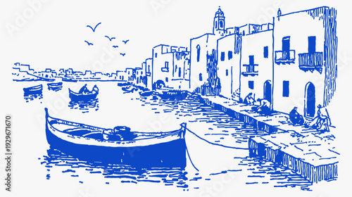 Seaside old town pier boats calm water sketch. Linear blue drawing of quay houses and reflections with birds in the sky. Vintage coastal travel scene for summer design.