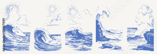 Ocean waves clouds sun surf power nature. Hand drawn crayon vintage sketch drawing line art. Dynamic sea breakers and foam for marine posters, summer travel and coastal backgrounds.