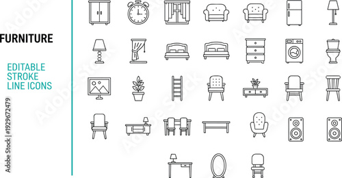 Furniture Editable Stroke Line Icons Set with Sofa, Bed, Chair, Table, Cabinet, Lamp, Refrigerator and Home Interior Outline Vector Collection