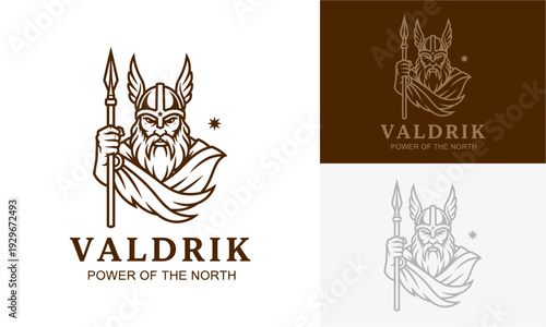 Viking warrior emblem illustration, symbolizing Nordic power and strength with spear and helmet, monochrome and brown tones