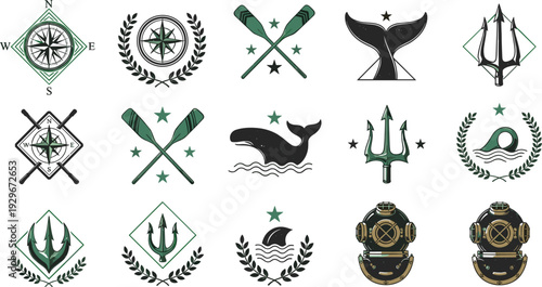 Nautical Marine Icon Set with Compass, Whale Tail, Trident, Anchor and Diving Helmet Vector Collection