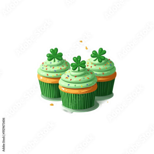Three vibrant green cupcakes, richly frosted and topped with cheerful shamrock sprinkles. These delightful sweet treats evoke a festive spirit, perfect for joyful moments