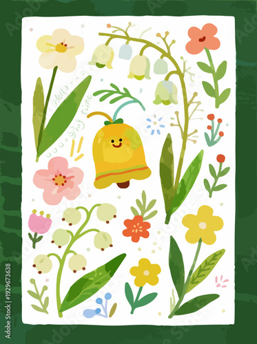 Hand-drawn illustration of lily of the valley and spring flowers with a cute bell character.A vibrant spring floral arrangement