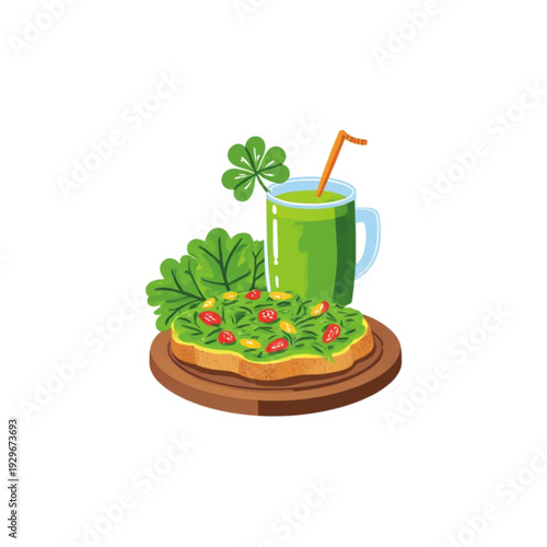 Healthy green smoothie with avocado toast and fresh greens, perfect for a nutritious breakfast or snack