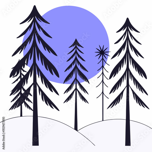 Vetor de árvores de Natal e pinhos em uma floresta com neve de inverno para um padrão de ilustração de paisagem de Dezembro e natureza