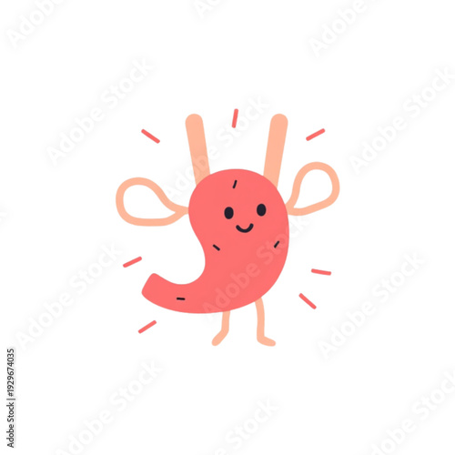 Vibrant cartoon stomach character promoting good digestive health and gastrointestinal well-being. A cheerful illustration for medical, wellness, and educational content
