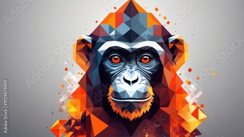 A monkey with orange eyes poses in front of a vibrant geometric pattern.
