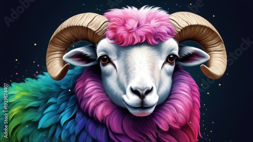 A colorful ram with bold horns is featured prominently on a deep black background.