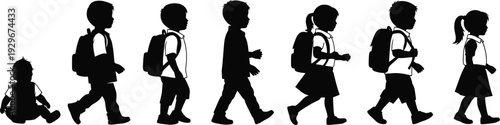 Vector illustration set of child growth silhouettes with baby, toddler, school kids, backpacks, education development decorative motifs