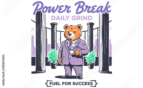 Daily Grind Power Break Bear Drinking Coffee Illustration. Fuel for Success Business Motivation Office Character Cartoon Design