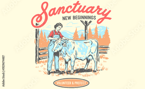Sanctuary New Beginnings: Woman petting cow vintage illustration. Animal welfare farm graphic design. Volunteer & protect retro print.