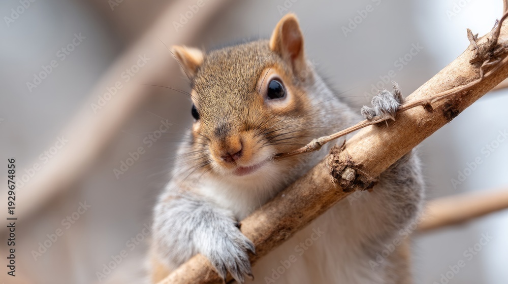 Fototapeta premium Squirrel Clutching Branch Amid Gusty Windstorm in Neutral Tones