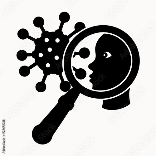 Virus under scrutiny with magnifying glass on human face