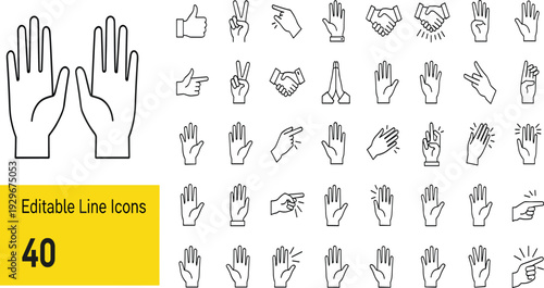 Large Collection of Forty Editable Line Icons Featuring Hand Gestures, Finger Points, Handshakes, and Prayer Symbols for User Interface Design and Nonverbal Communication