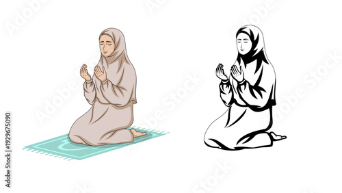 A woman in a hijab kneeling on a prayer mat with her hands in prayer position, with a contrasting black and white version