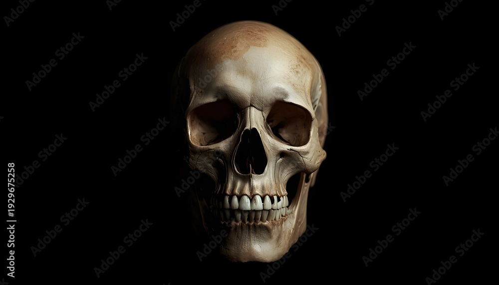 Fototapeta premium A human skull is shown against a black background in a close-up view.