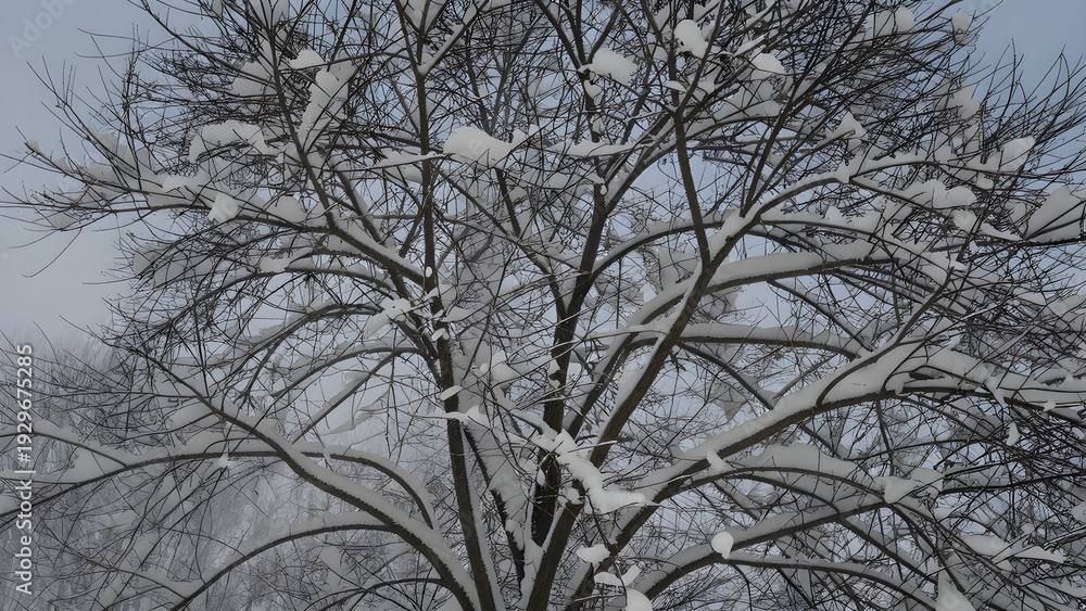 Obraz premium A bare tree stands under a blanket of snow amidst a pale blue winter sky with a layer of fog.