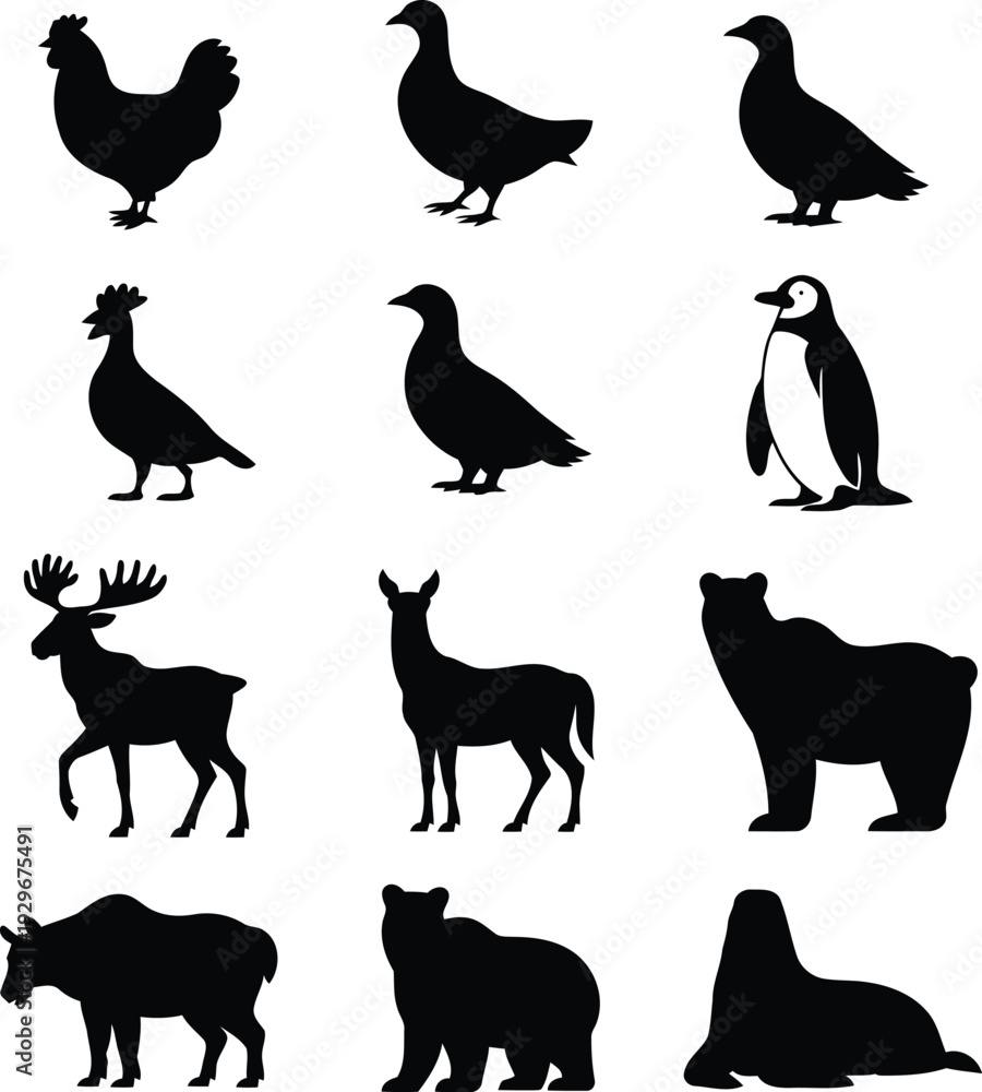 Fototapeta premium Animal silhouette icons set – Farm, Wild and Marine animals vector 
