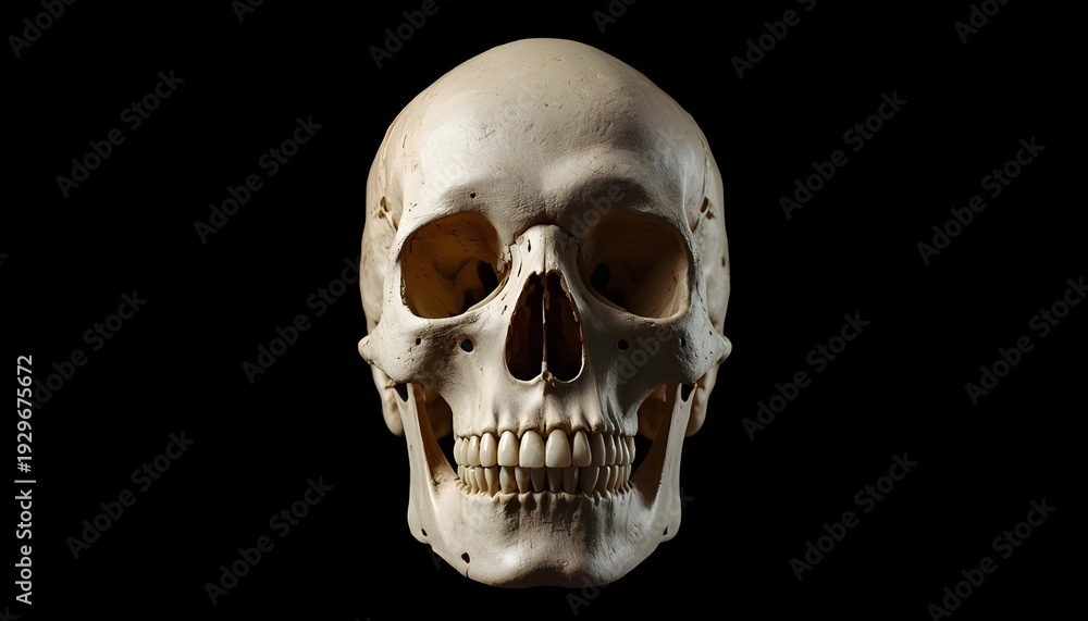 Fototapeta premium A human skull is shown against a black background in a close-up view.