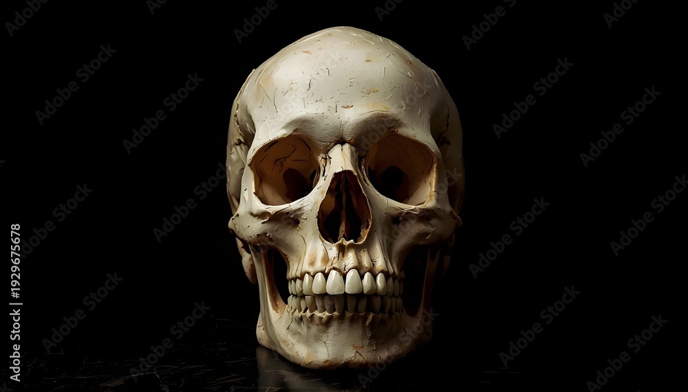 Fototapeta premium A human skull sits alone on a dark background, illuminated by a single light source.