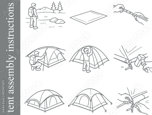 set of icons of step-by-step instructions for assembling a tent for hiking or camping, step by step in line art style, for brochures, social networks or other thematic printing
