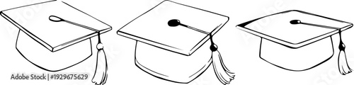 set of icons of a square academic cap of a student in line art style and in different perspectives