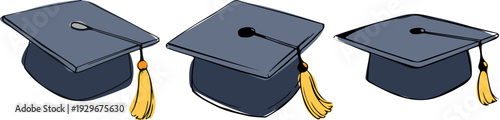 set of icons of a square academic cap of a student in line art style and in different perspectives with color spots behind