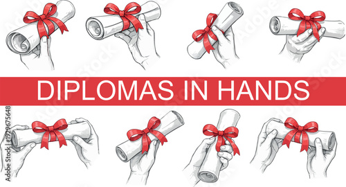 set of icons of academic diplomas rolled up in a scroll held by human hands and tied with a bright red ribbon in different perspectives