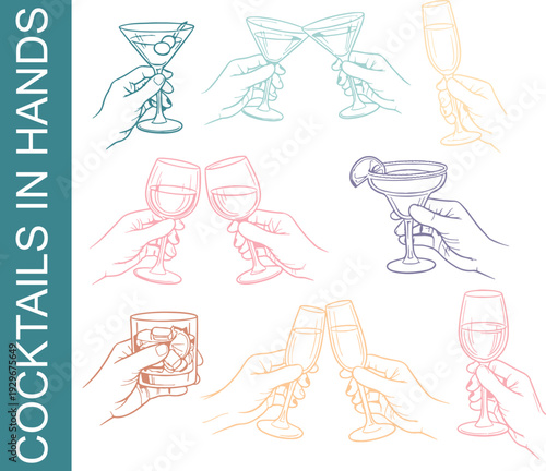 set of icons of various cocktails in various glasses and goblets held by human hands and clinking with each other during a celebration in line art style