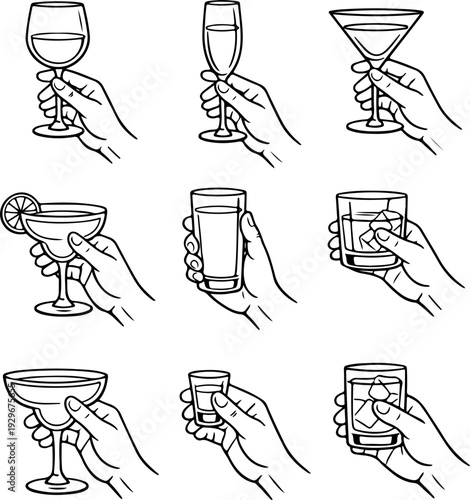 set of icons of various cocktails in various glasses and goblets held by human hands in line art style