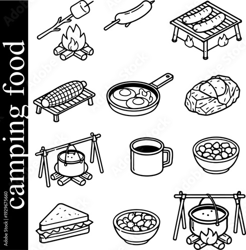 set of icons of various food and snacks for camping or hiking in line art style, for brochures, social networks or other thematic printing