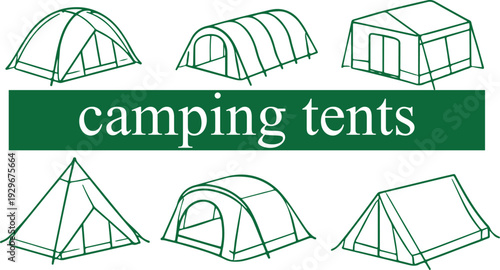 set of icons of various folded tents for camping or hiking in line art style, for brochures, social networks or other thematic printing