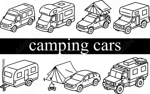 set of icons of various transport, cars, buses for camping or hiking in line art style, for brochures, social networks or other thematic printing