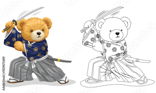 Teddy bear dressed as samurai wielding a katana sword.