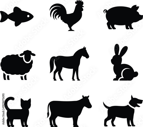 Farm animal silhouettes rooster pig sheep horse 