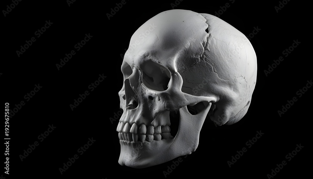 Obraz premium A close-up view of a human skull with a cracked surface on a black background