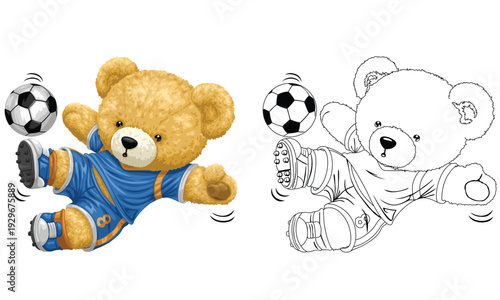 Athletic teddy bear in soccer uniform kicking a ball.