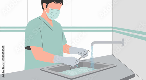 Doctor washing medical instruments in sink under running water, healthcare hygiene