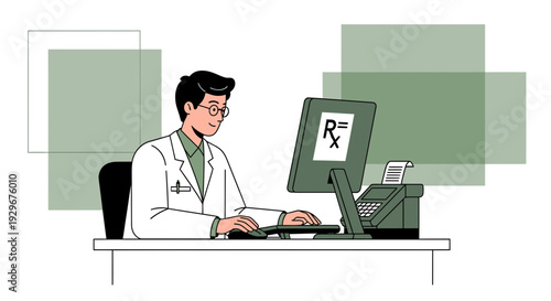 Doctor Working on Computer in Clinic, Medical Prescription on Screen