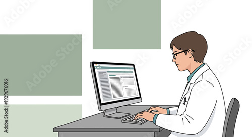 Doctor working on computer in clinic, medical record management